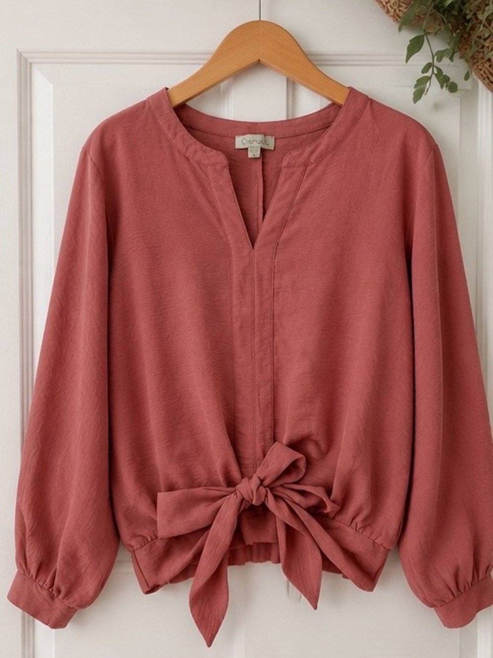 Chenault Medium Dusty Rose Tie Front Blouse Long Sleeve Split Neck Top